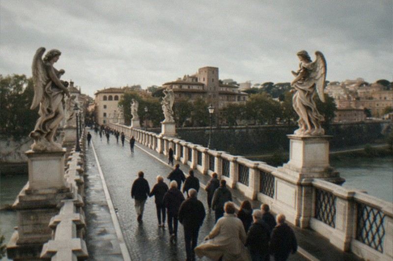 From the far riverbank across the Tiber, backs to camera, a small Vatican history tour group crosses Ponte Sant'Angelo in Rome, Italy under marble angels; soft grey overcast, wind lifting a coat hem, wet cobblestones.
