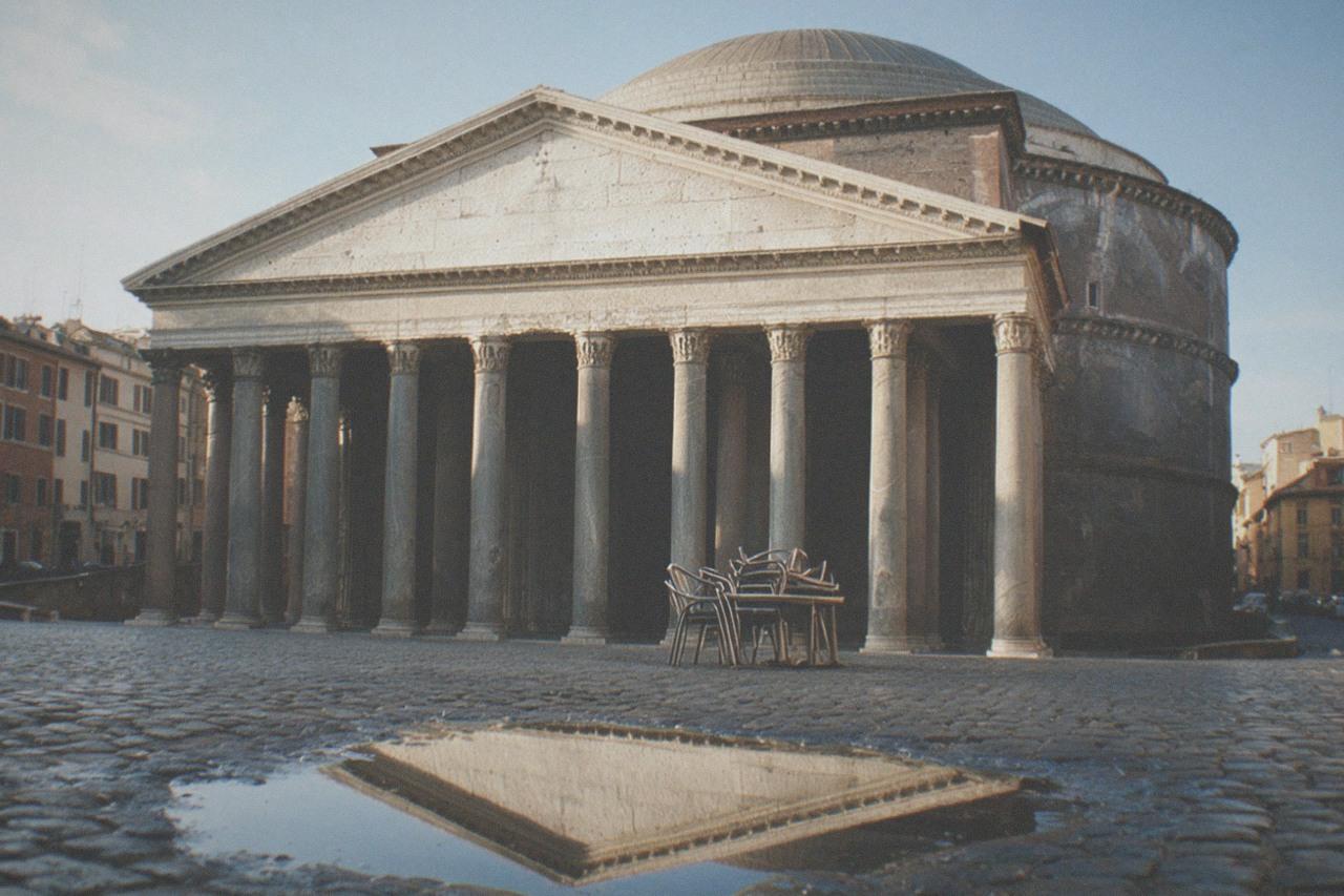 The Pantheon portico and dome seen from Piazza della Rotonda in morning light