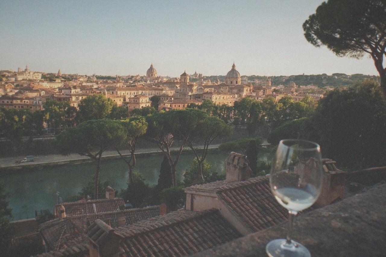 Rooftops and domes of central Rome seen from a hillside terrace in warm evening light