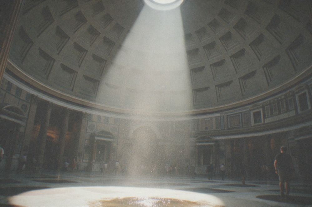 Ancient domed temple interior with light shaft through the oculus